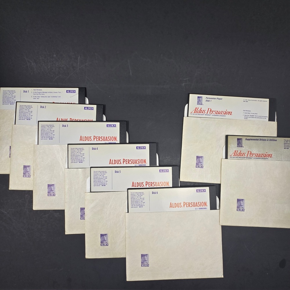 Aldus Persuasion 2.1 Windows 5.25 Floppy Disk Set 8 Disks Vintage Software 1991
